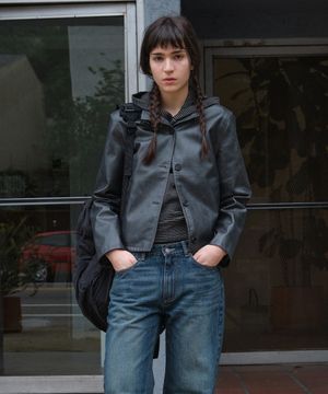 WASHED ARTIFICIAL LEATHER SHORT JACKET_BLACK [LC261JK02BK]