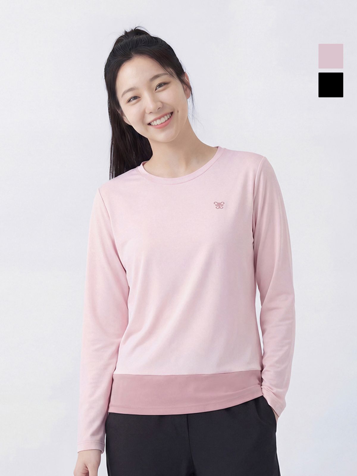 웨스트우드(WESTWOOD) 여성 우븐 배색 라운드티_WQ1WTTR404