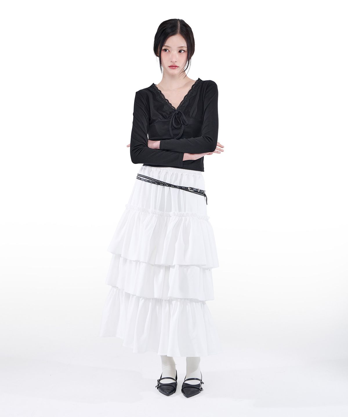 알키알카(ALKI ALKA) Tiered Maxi Skirt (Ivory)