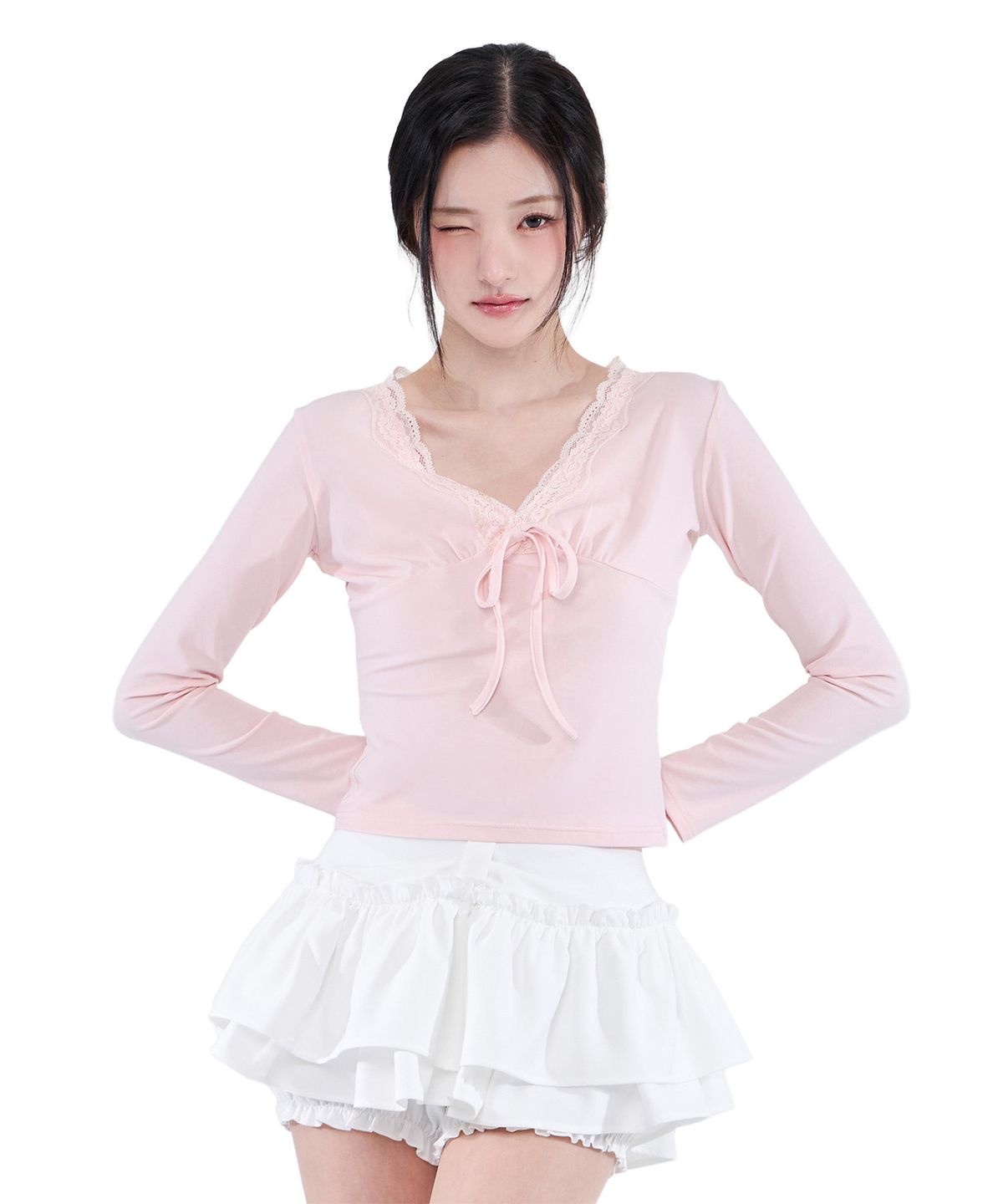 알키알카(ALKI ALKA) Lace Trim Long Sleeve (Light Pink)