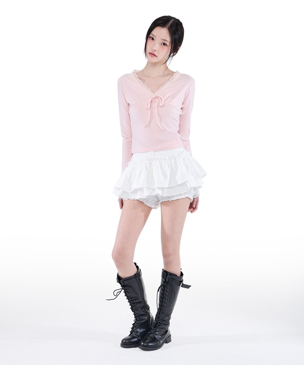 알키알카(ALKI ALKA) Ribbon Tiered Mini Skirt (Ivory)