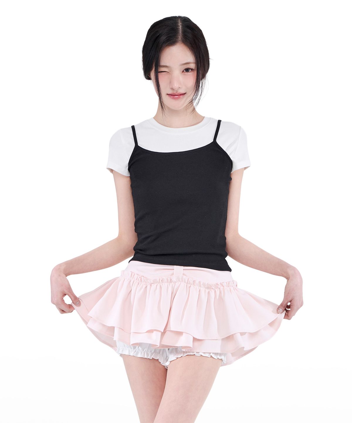 알키알카(ALKI ALKA) Ribbon Tiered Mini Skirt (Light Pink)