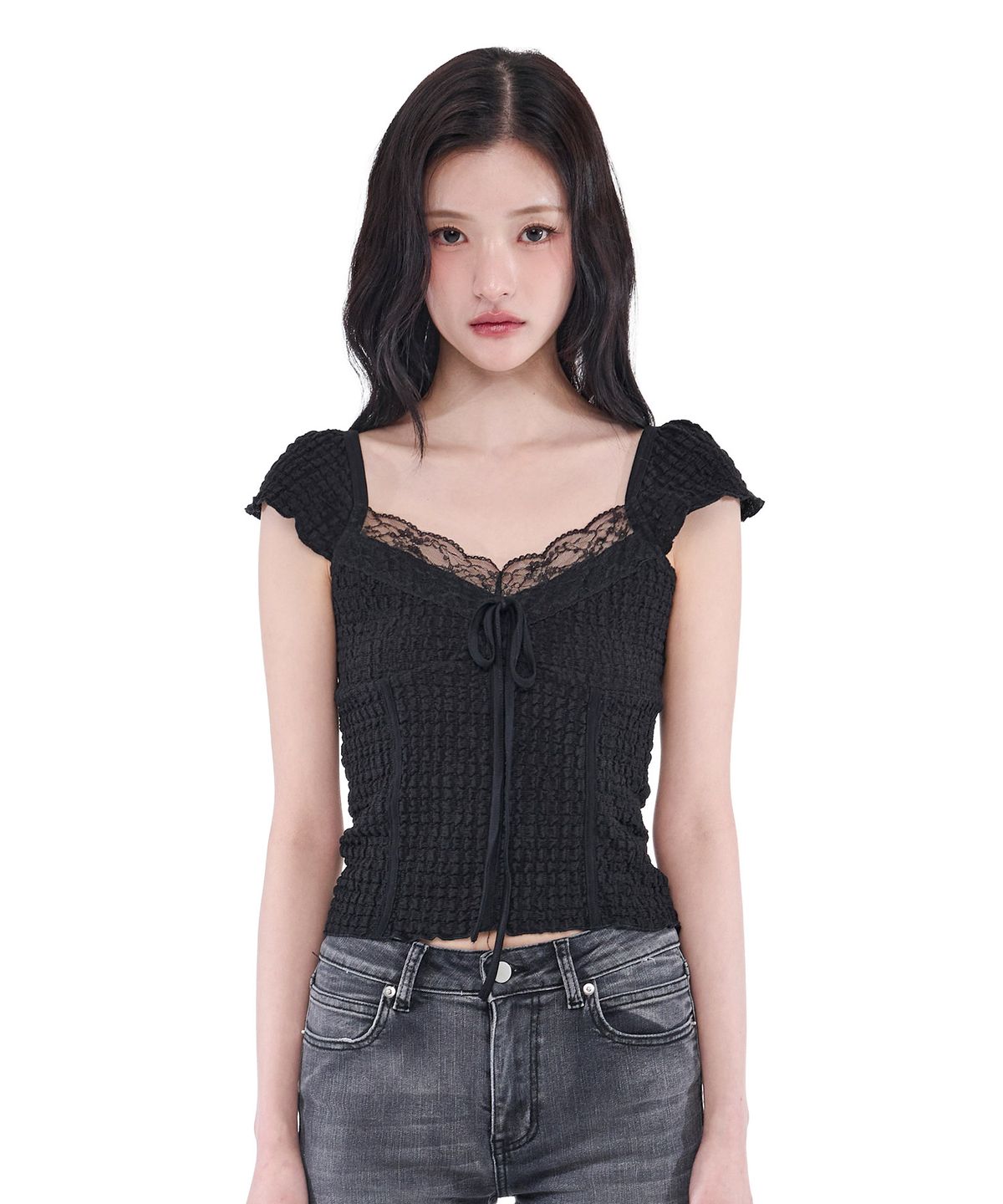 알키알카(ALKI ALKA) Jacquard Gathered Top (Black)
