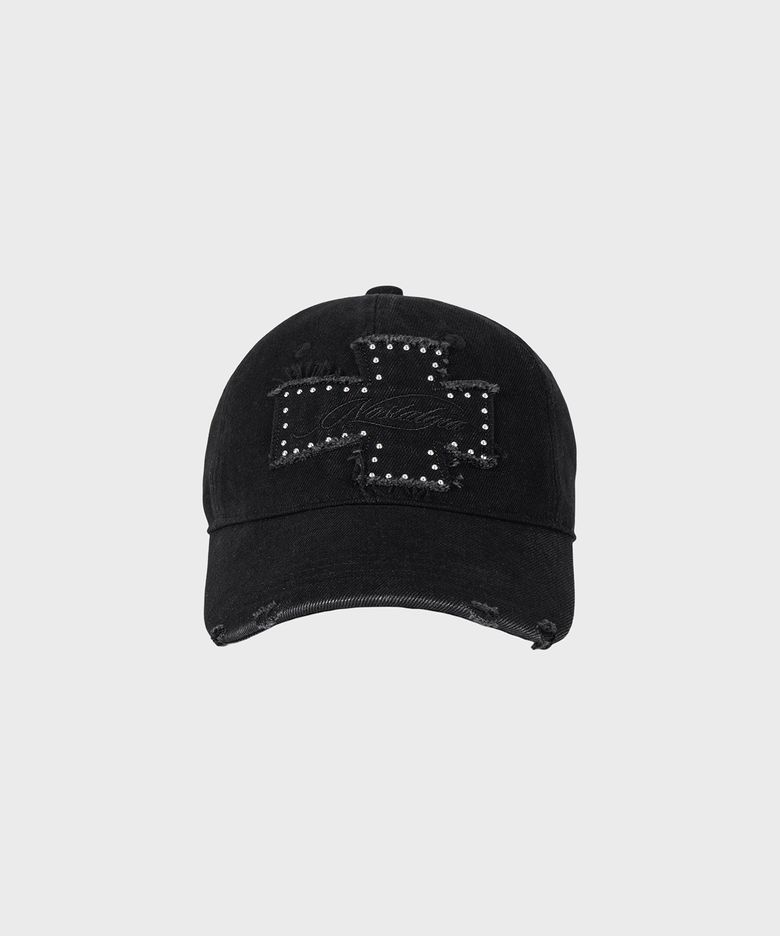 Distressed Patch Ball Cap (Black Denim)