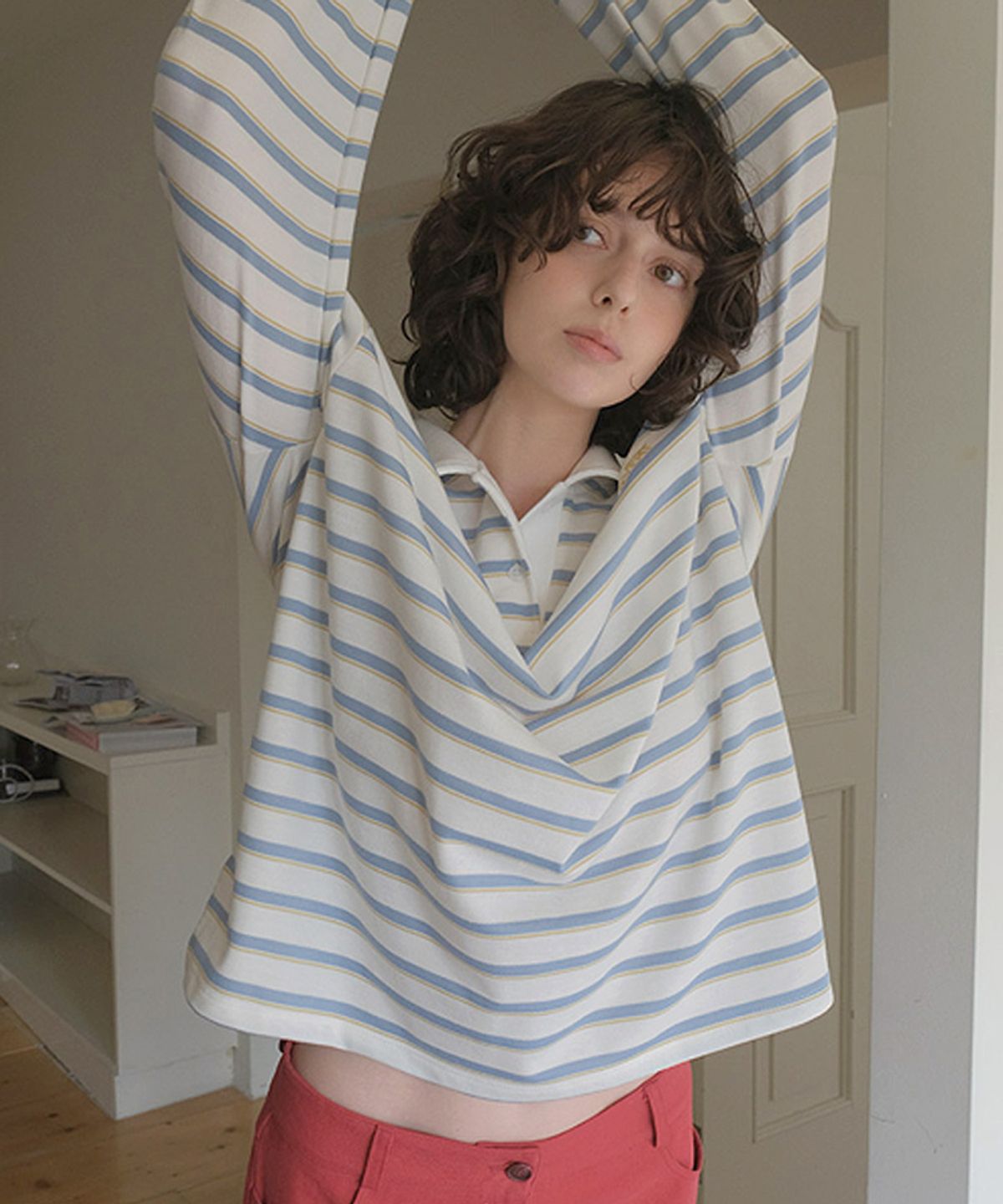 타버트(TARVERT) Pony Striped Collar T-Shirt - Sky Blue