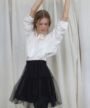 BALLOON BANDING MESH LAYERED MINI SKIRT (BLACK)