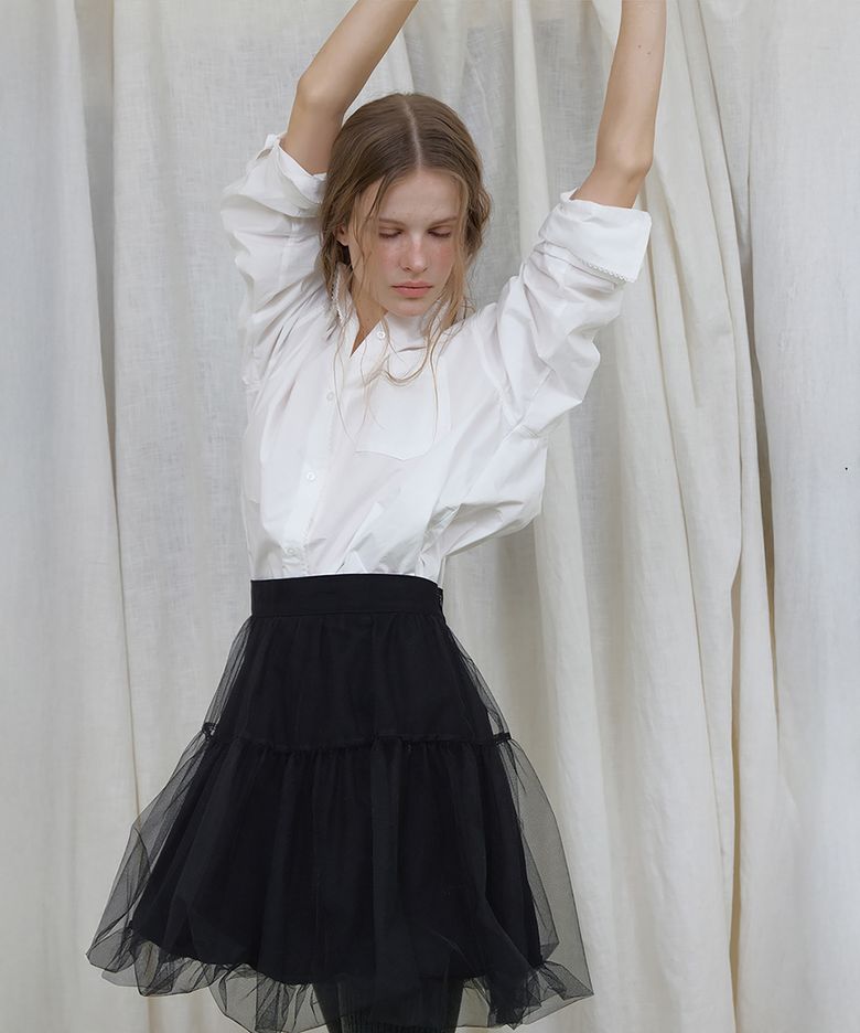 BALLOON BANDING MESH LAYERED MINI SKIRT (BLACK)