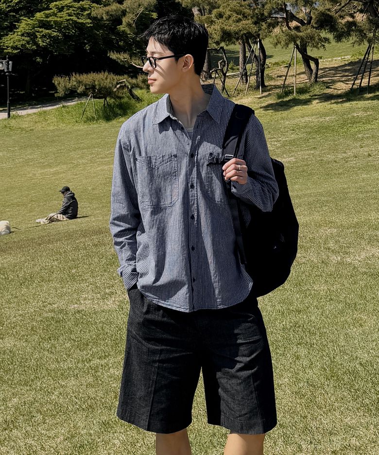 Stripe Out Pocket Denim Shirt_Navy