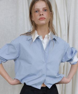 LAYERED BALLOON CHECK CROP SHIRTS (SKY BLUE)