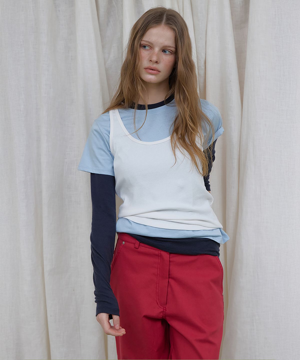 론크(LONQUE) BASIC COTTON RIBBED U-NECK LAYERED SLEEVELESS TOP (WHITE)
