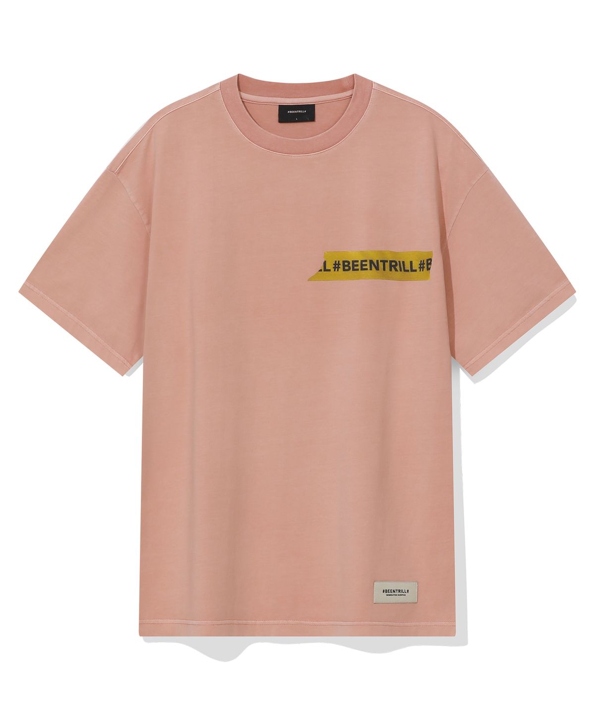 빈트릴(BEENTRILL) 빈티지 테이핑 원포인트 다잉 반팔티(딥 핑크)