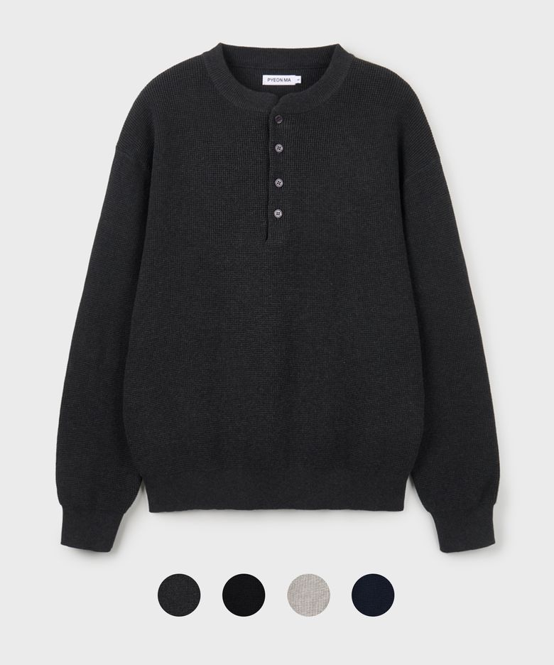 Cotton Waffle Henley Neck Knit - 4color