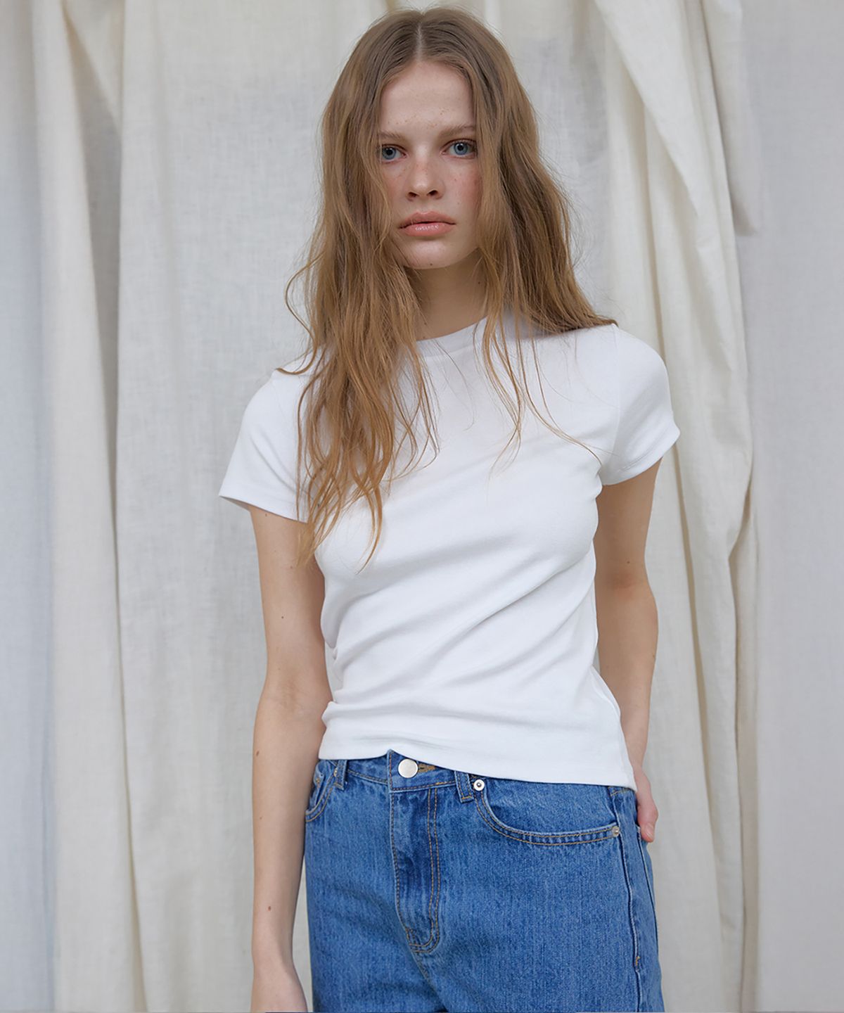 론크(LONQUE) ESSENTIEL SLIM SPAN HALF SLEEVE T-SHIRT (WHITE)