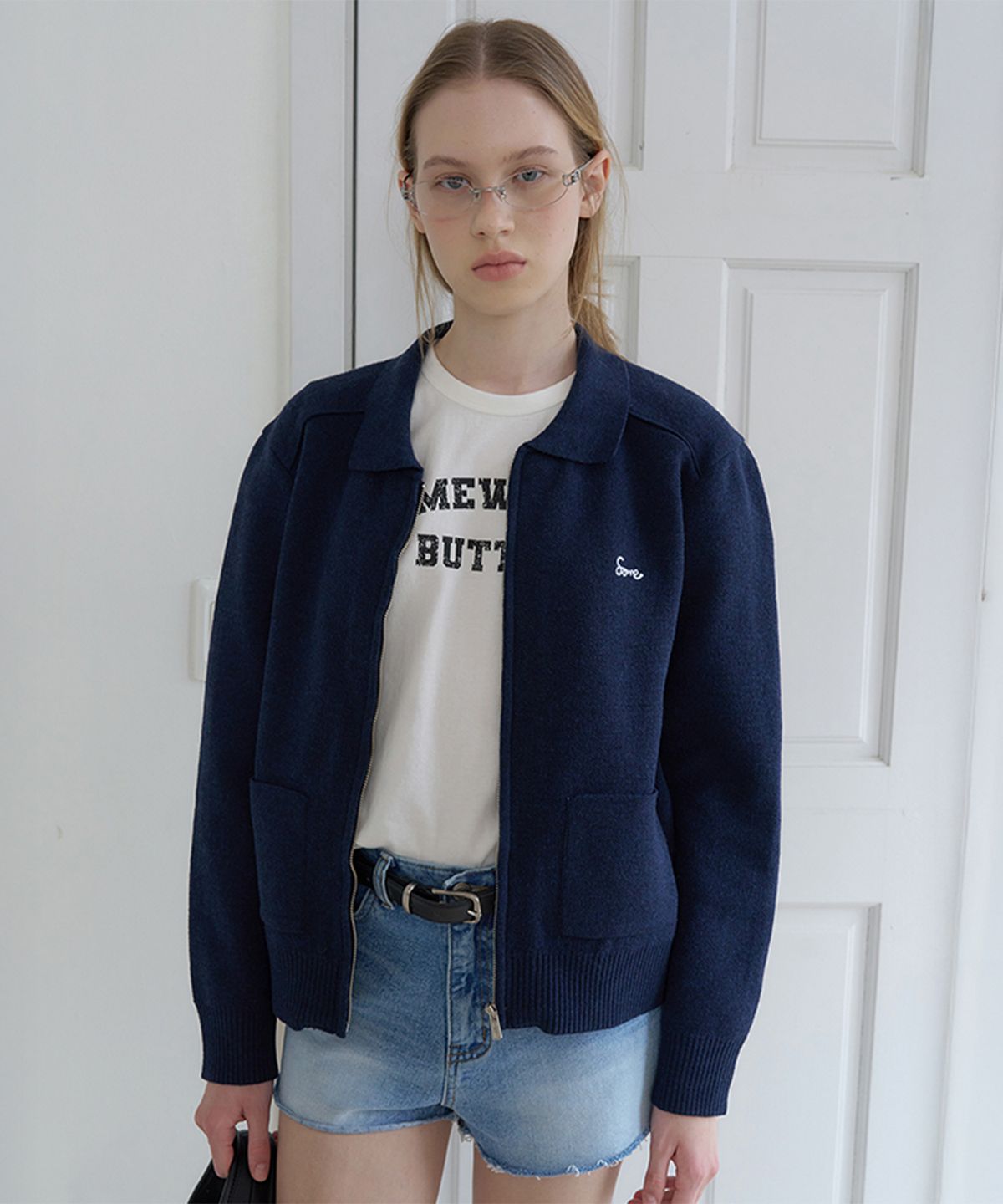 썸웨어버터(SOMEWHEREBUTTER) Unit Knit Zip-Up - Navy