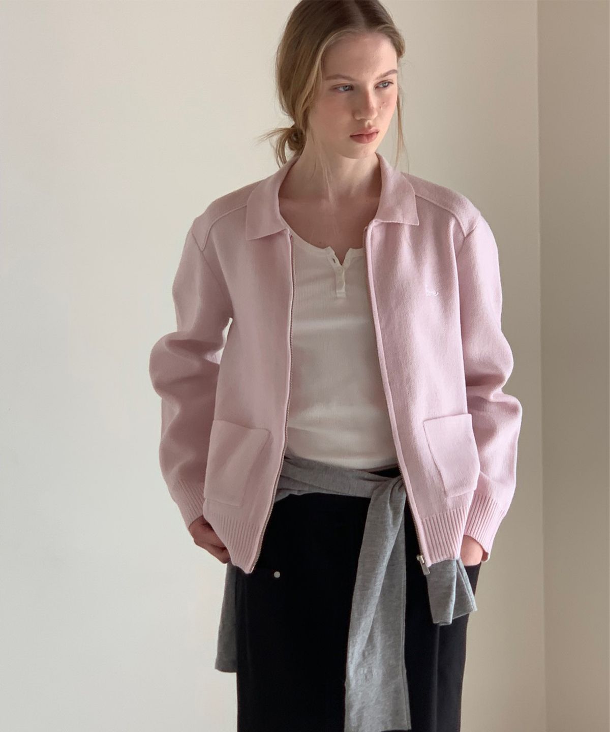 썸웨어버터(SOMEWHEREBUTTER) Unit Knit Zip-Up - Light Pink