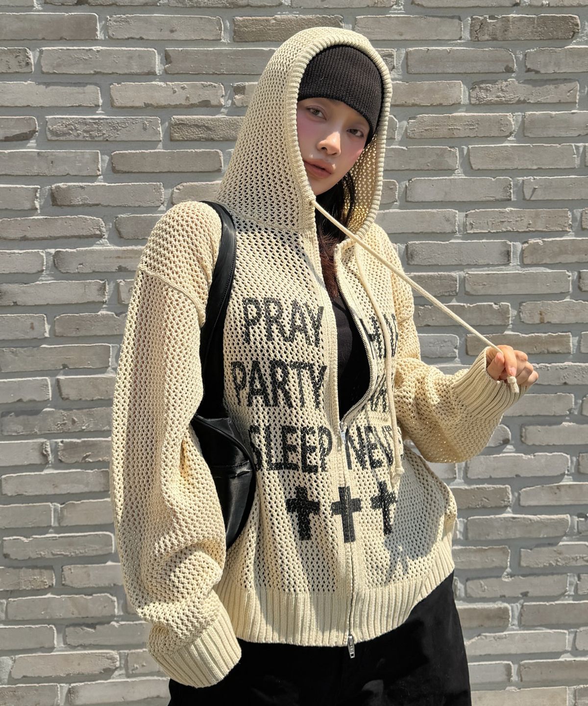 오픈야드(오와이)(OPENYARD(OY)) PRAY HARD KNIT HOODIE ZIP UP - IVORY
