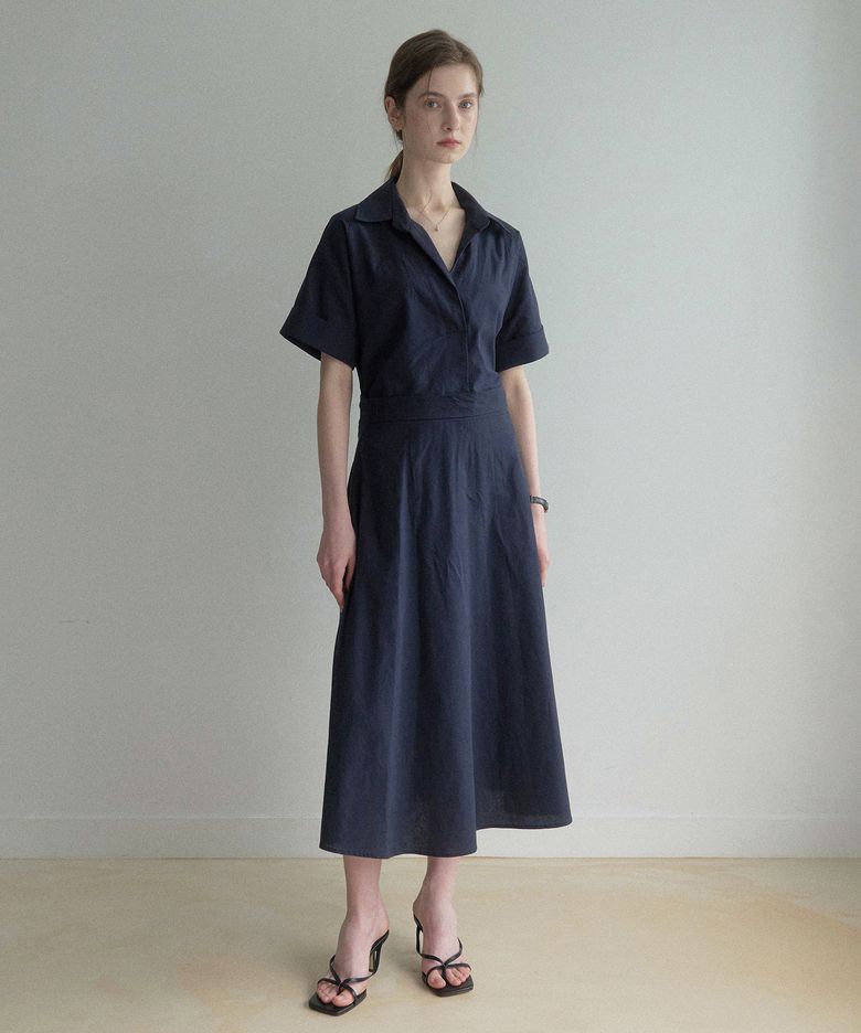 Linen Snap kara one-piece (네이비)