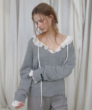 [지구, 소라 PICK] WOOL DEEP V-NECK BUTTON PULLOVER KNIT (GRAY)