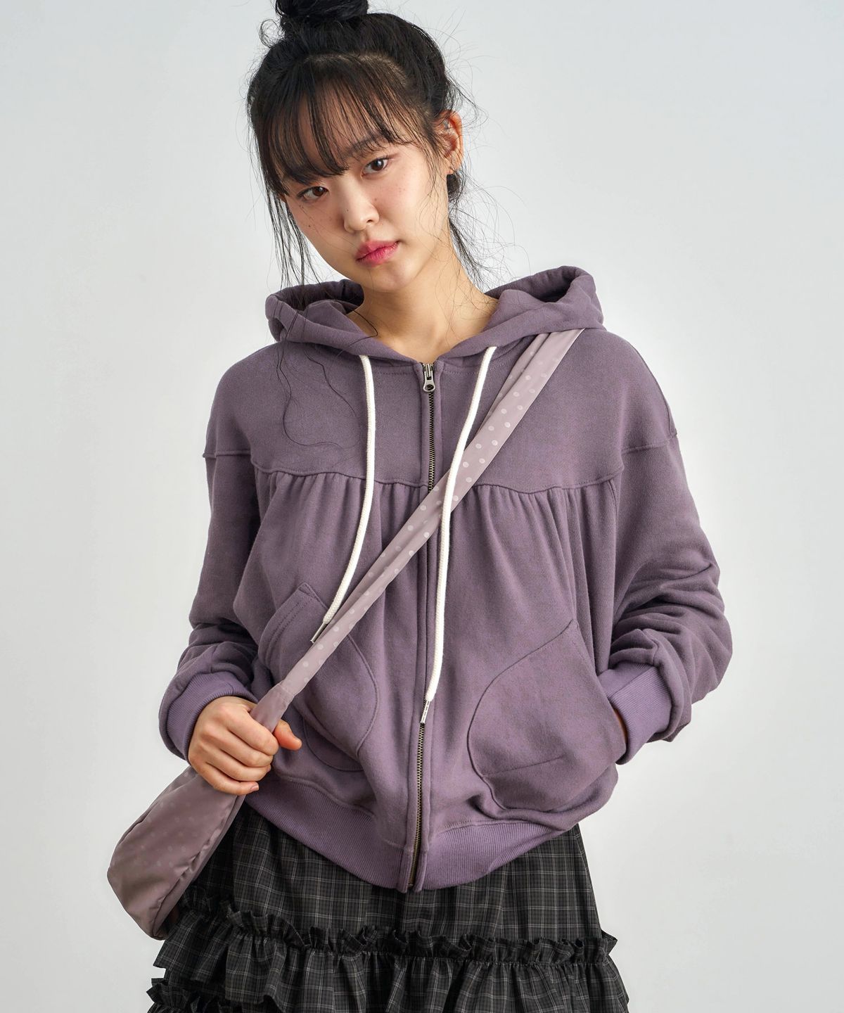 키지코(KIJIKO) ke106-Shirring Hooded Zip Up Purple