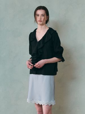 ARIEL satin lace mini skirt_DUSTY BLUE