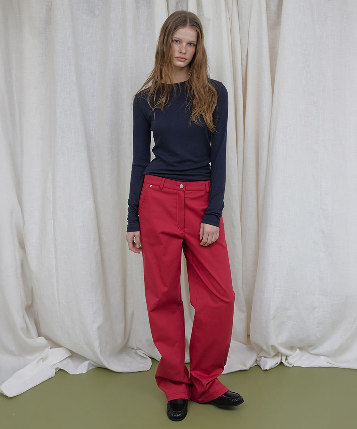 론크(LONQUE) COLOR COTTON WIDE PANTS (RED)