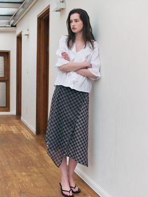 SAGE check wrap unbalance skirt_PURPLE