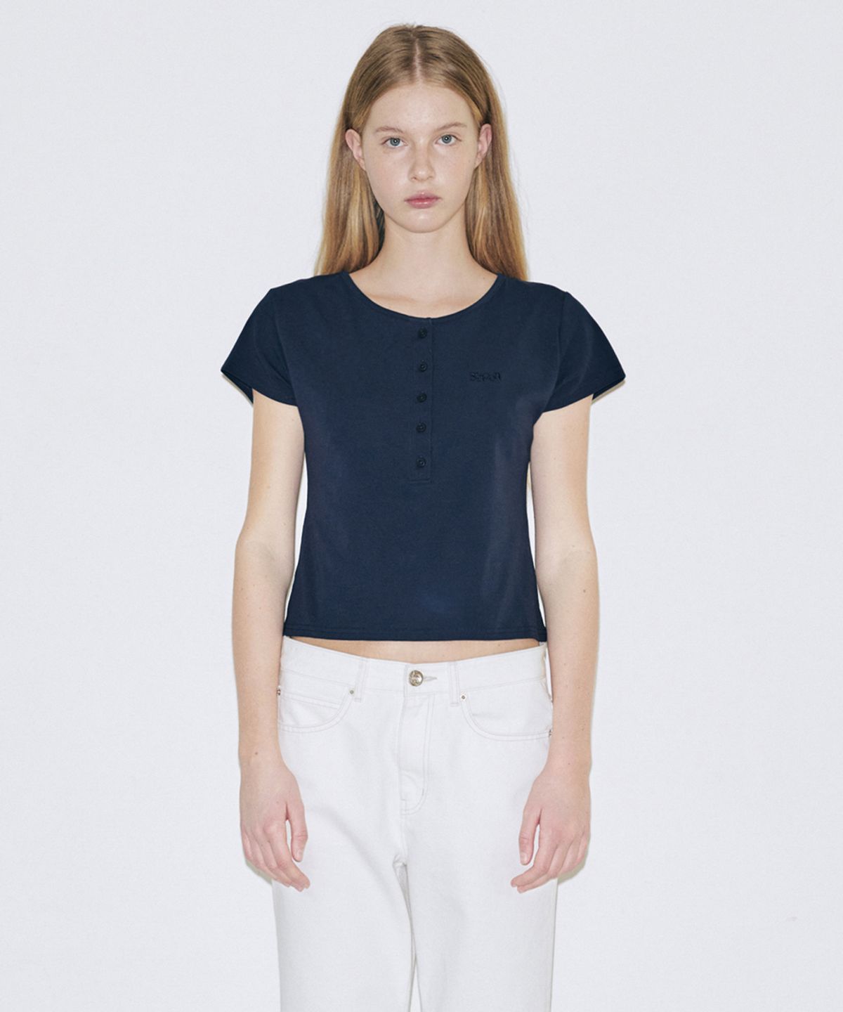 시눈(SINOON) SN Henley Neck Cap Sleeved T-shirt (Navy)