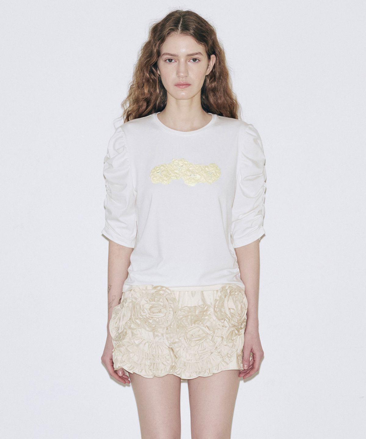 시눈(SINOON) [박지현 착용] Soft Shirring T-Shirt (Cream)