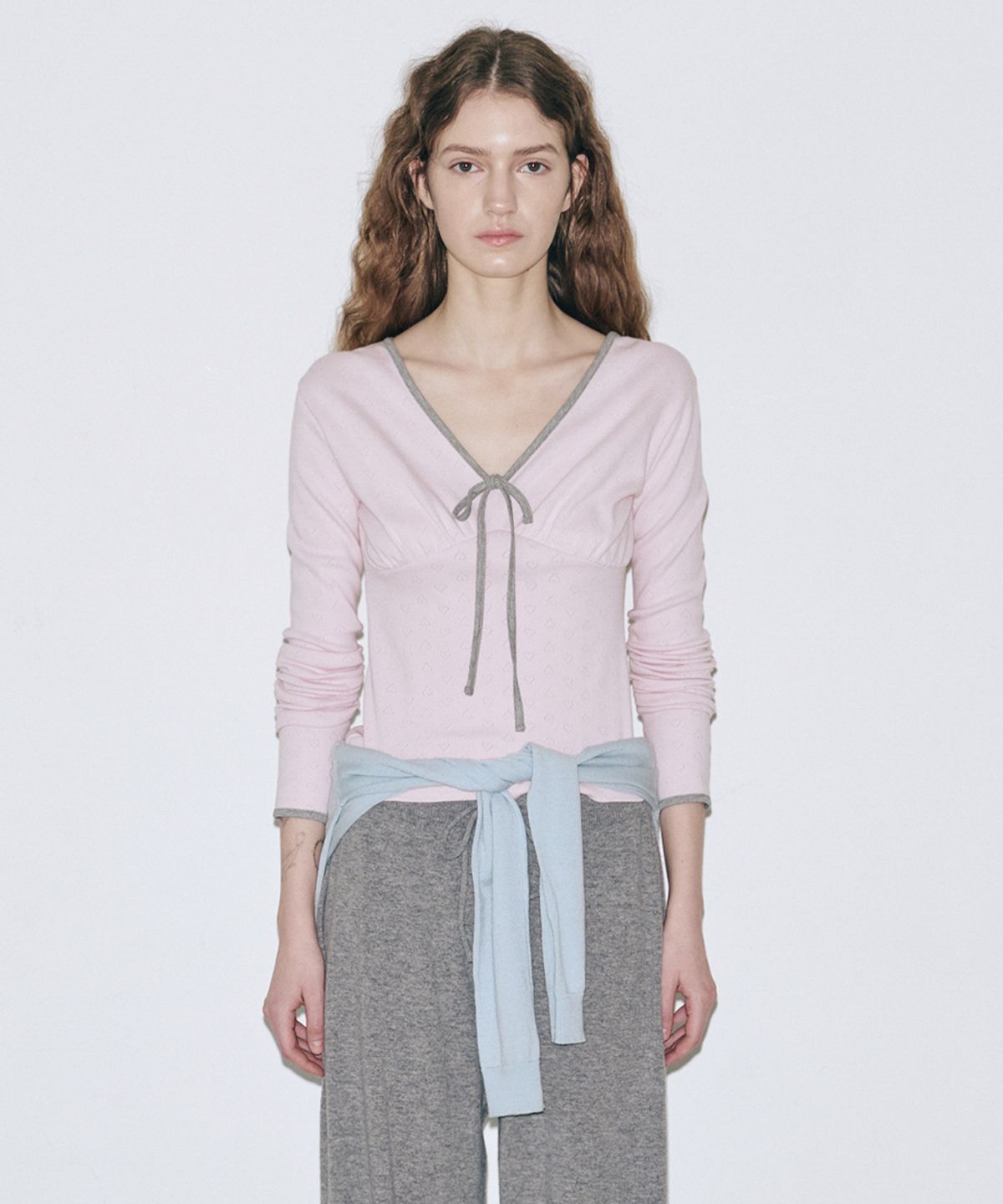 시눈(SINOON) Neck Ribbon T-Shirt (Pink)