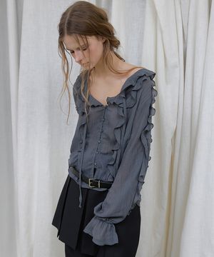 RUFFLE V-NECK STRAP BLOUSE (CHARCOAL)