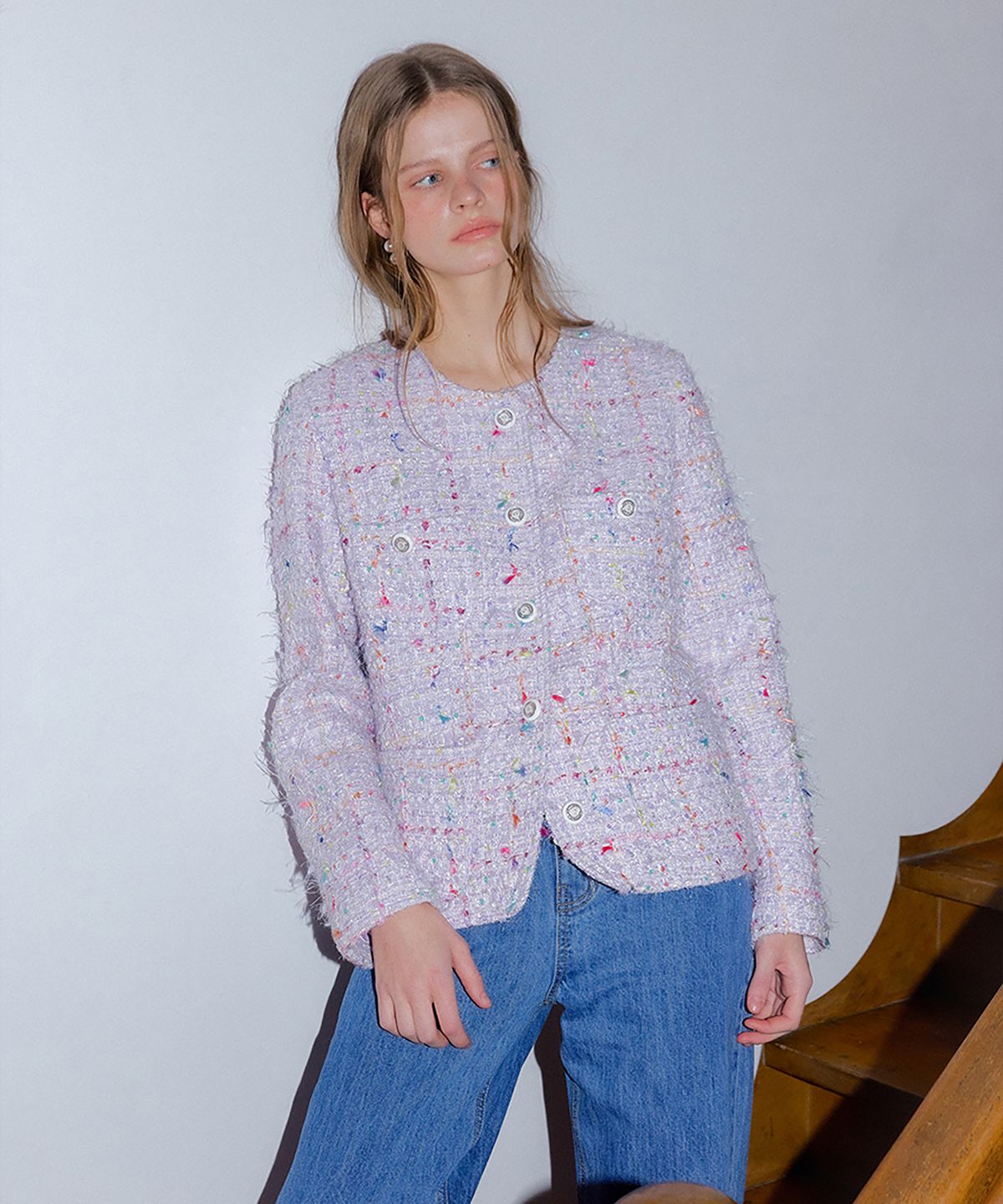 론크(LONQUE) ROUND NECK TWEED JACKET (LIGHT PURPLE)