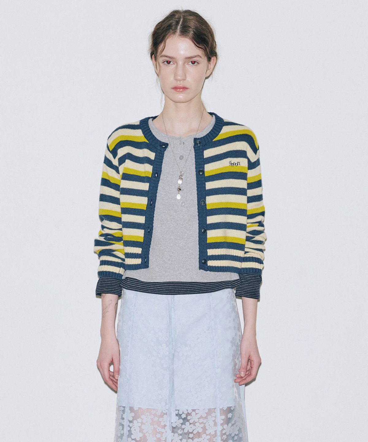 시눈(SINOON) Stripe Crop Cardigan (Navy)