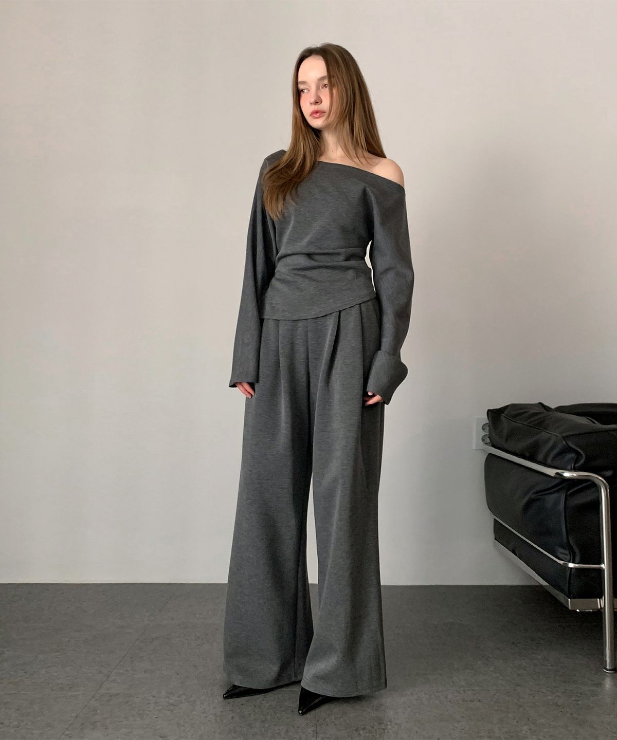 바스카라(VASCARA) [SET] Off-shoulder shirring top + Wide pants Set-up (3colors)
