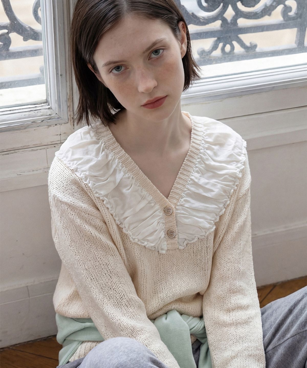 시눈(SINOON) [소연 착용] Chiffon Shirring Knit (Cream)