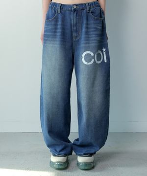 노킨 사이드 더티 로고 데님 밴딩 팬츠 남녀공용