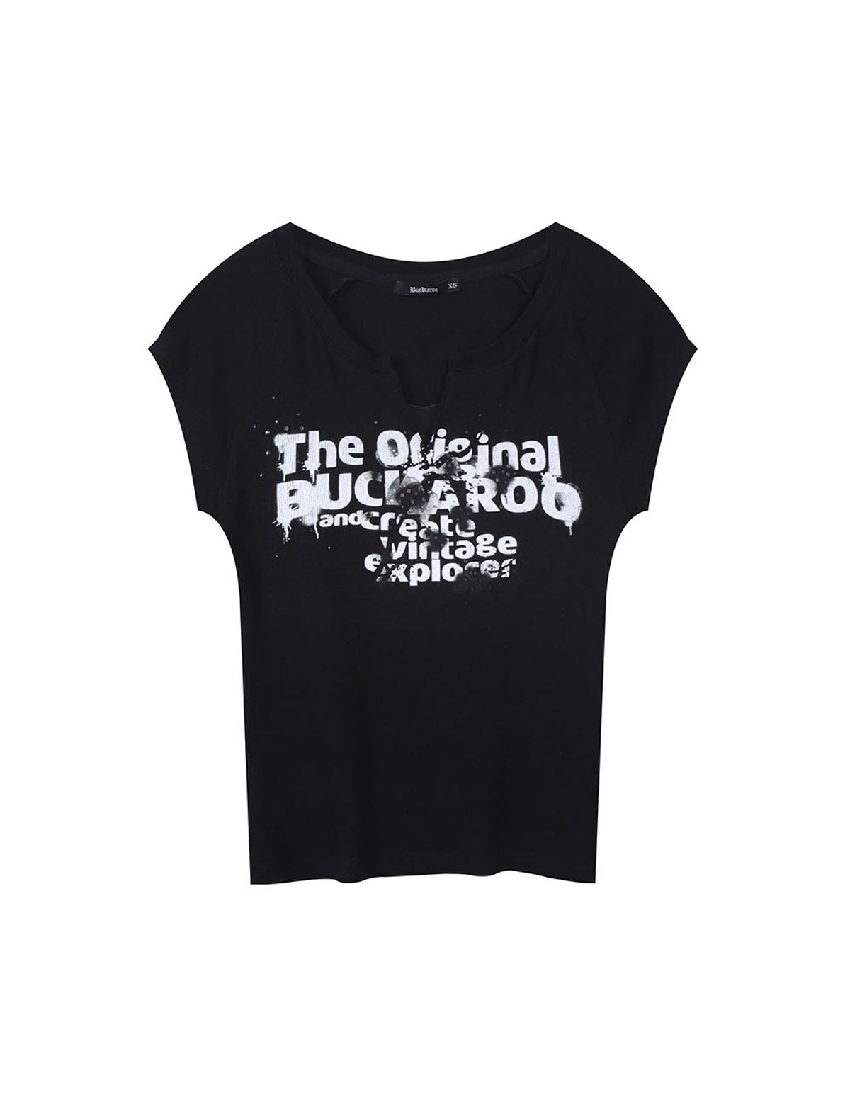 버커루(BUCKAROO) 여성 슬림핏 아트웍 오픈에리 캡소매 티셔츠 블랙