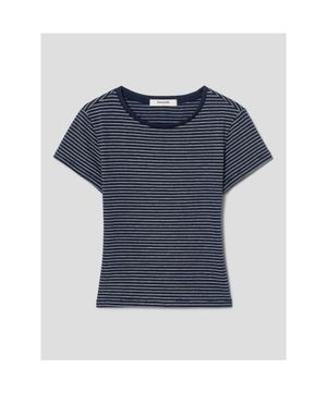 배색 스트라이프 강연 반소매 티셔츠  네이비