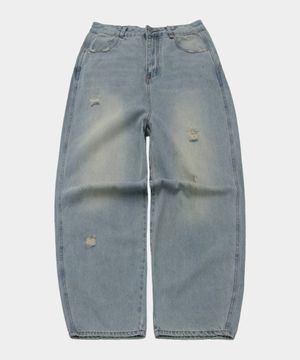비조 포인트 워시드 내추럴 데미지 와이드 벌룬 데님 팬츠 [연청]