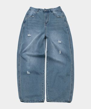 비조 포인트 워시드 내추럴 데미지 와이드 벌룬 데님 팬츠 [중청]