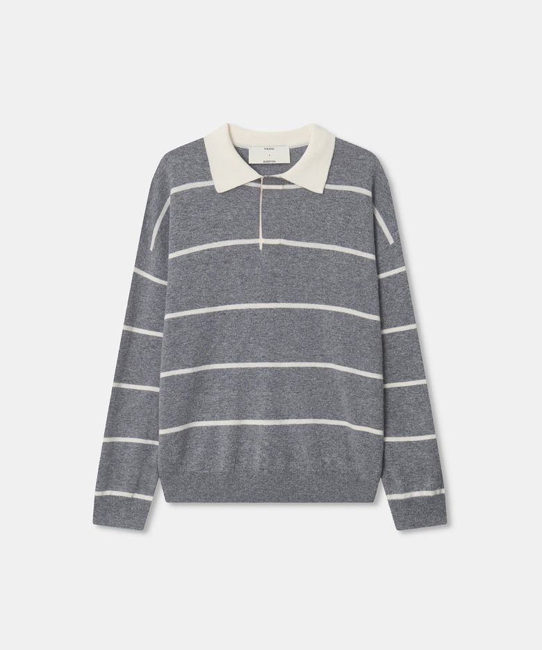 Stripe collar knit top / GRAY