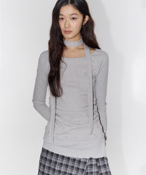 보트 유넥 탈부착 아일렛 배색 머플러 세트 롱슬리브 티셔츠 _3COLOR