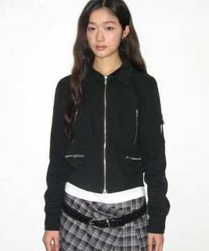 더블 포켓 포인트 싱글 카라 인시전 코튼 블루종 크롭 점퍼 자켓 [블랙]