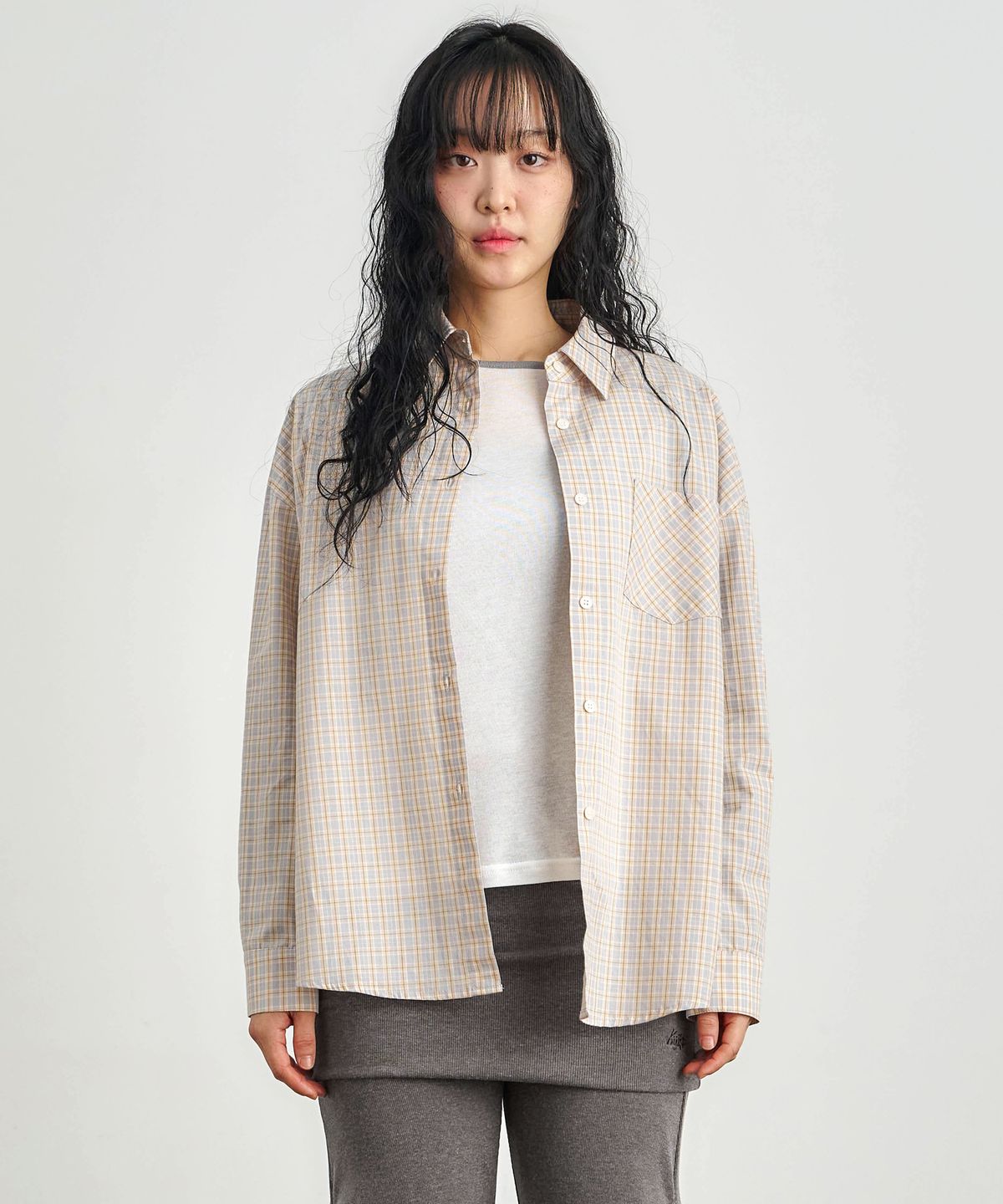 키지코(KIJIKO) ke204-Overfit Check Shirt Gray Beige