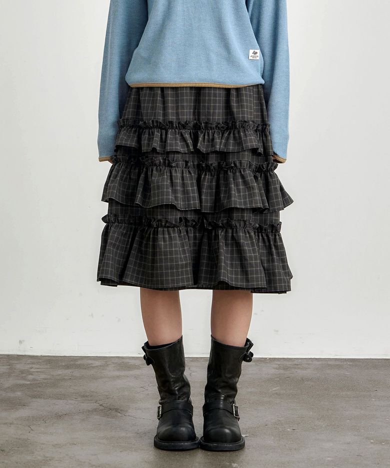 [PRE-ORDER] ke702-Frill Cancan Midi Skirtt Check Charcoal