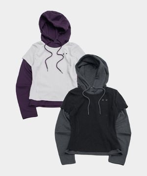 아일렛 포인트 후드 반팔 레이어드 롱슬리브 티셔츠_2COLOR