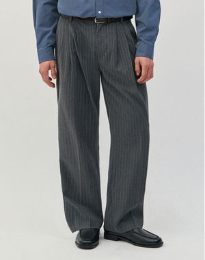 쓰리턱 세미 와이드 스트라이프 슬랙스 [그레이]