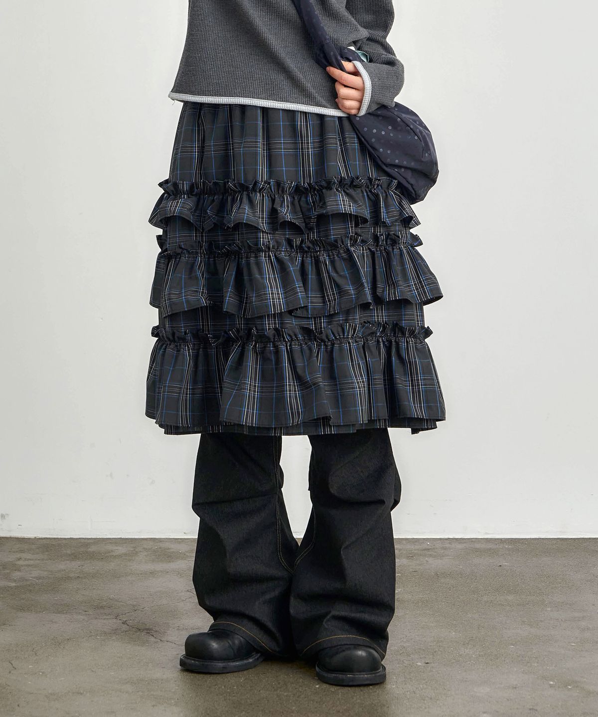 키지코(KIJIKO) [PRE-ORDER] ke702-Frill Cancan Midi Skirt Check Navy
