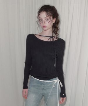 루멘 스트랩 골지 긴팔 니트