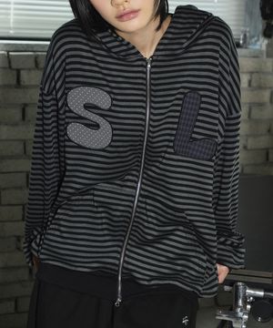 스트라이프 패치 투웨이 후드 집업[차콜]