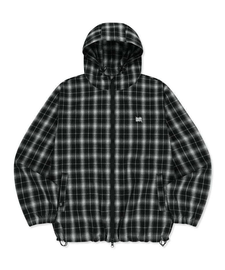 CHECK TAG HOOD ZIP UP SHIRTS - BLACK